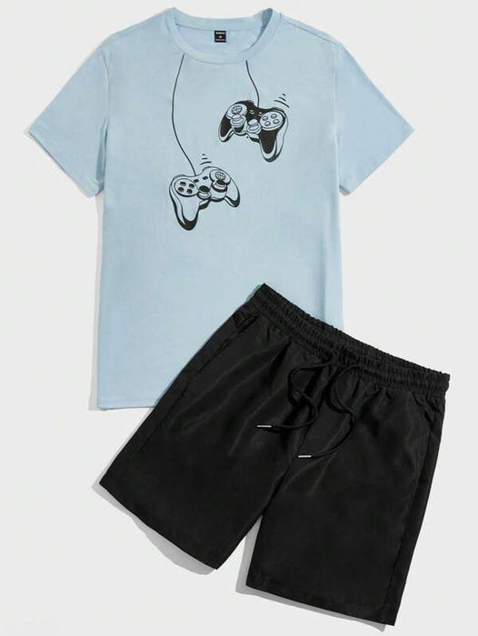 Print Tee And Drawstring Shorts Lounge Set