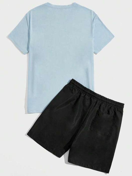 Print Tee And Drawstring Shorts Lounge Set