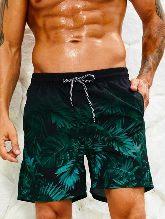 Tropical Print Drawstring Waist Swim Trunks