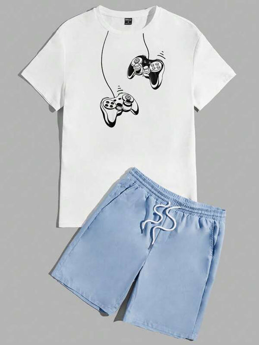 Print Tee And Drawstring Shorts Lounge Set