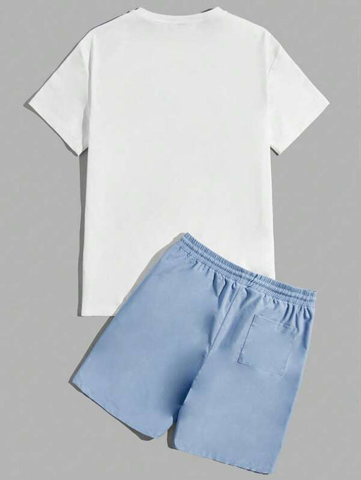 Print Tee And Drawstring Shorts Lounge Set