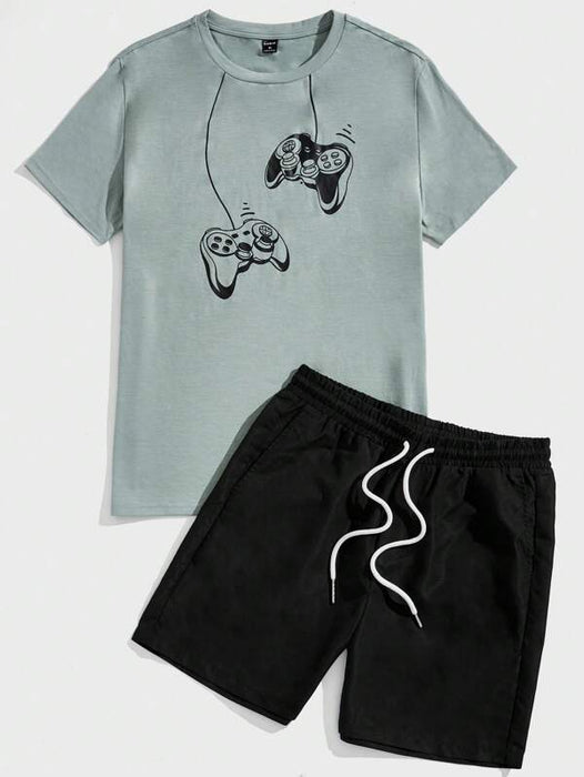 Print Tee And Drawstring Shorts Lounge Set