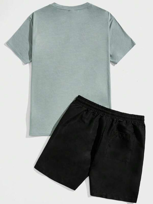 Print Tee And Drawstring Shorts Lounge Set