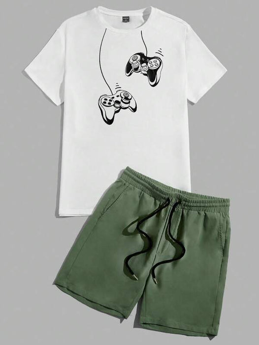 Print Tee And Drawstring Shorts Lounge Set