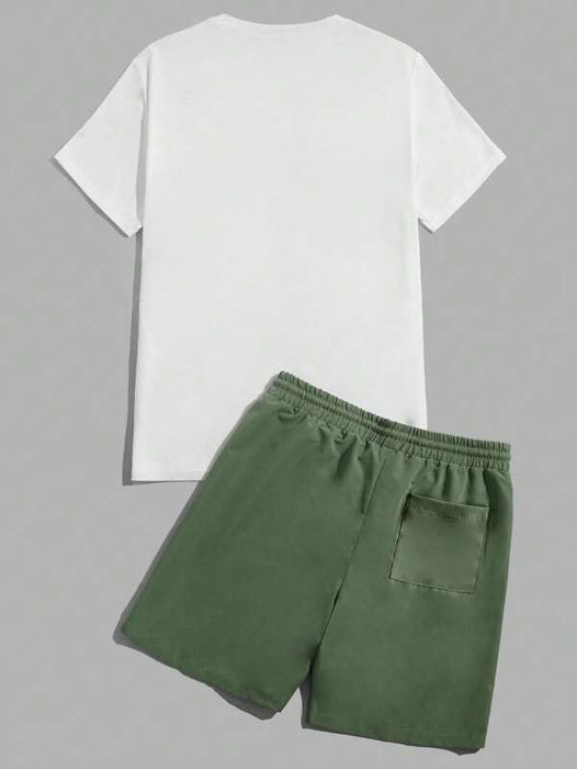 Print Tee And Drawstring Shorts Lounge Set