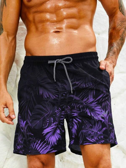 Tropical Print Drawstring Waist Swim Trunks