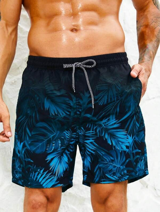 Tropical Print Drawstring Waist Swim Trunks