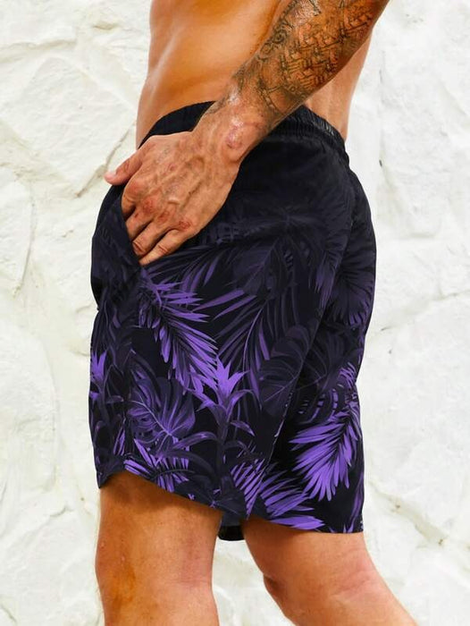 Tropical Print Drawstring Waist Swim Trunks