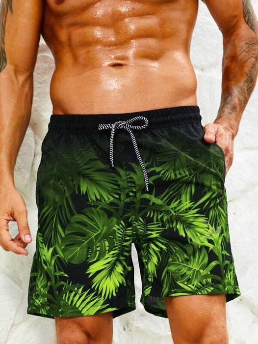 Tropical Print Drawstring Waist Swim Trunks