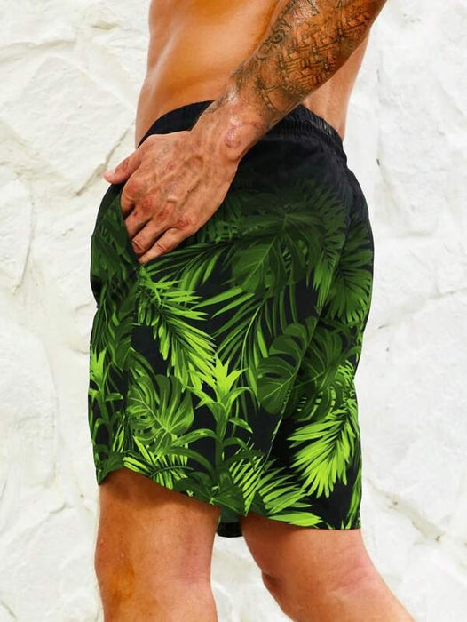 Tropical Print Drawstring Waist Swim Trunks