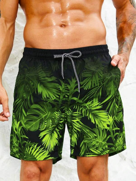 Tropical Print Drawstring Waist Swim Trunks