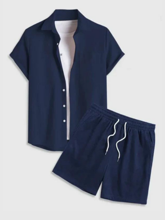 Men's 2 Piece Outfits Casual Basic Solid Color Pocket Corduroy Short Sleeves Button Up Shirt And Drawstring Shorts Set