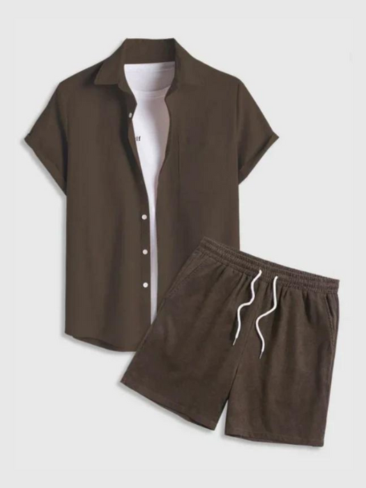 Men's 2 Piece Outfits Casual Basic Solid Color Pocket Corduroy Short Sleeves Button Up Shirt And Drawstring Shorts Set