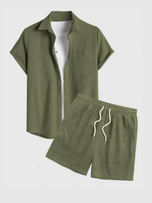 Men's 2 Piece Outfits Casual Basic Solid Color Pocket Corduroy Short Sleeves Button Up Shirt And Drawstring Shorts Set