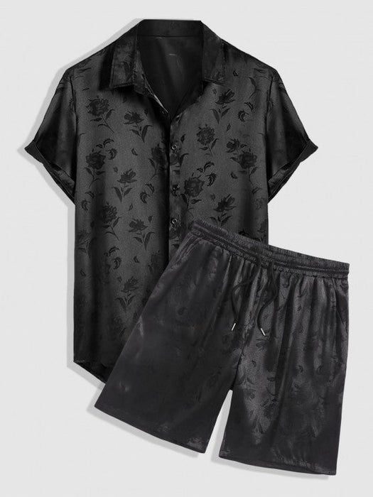 Men's Jacquard Silky Satin Floral Print Rose Pattern Button Front Short Sleeve Shirt And Shorts Set