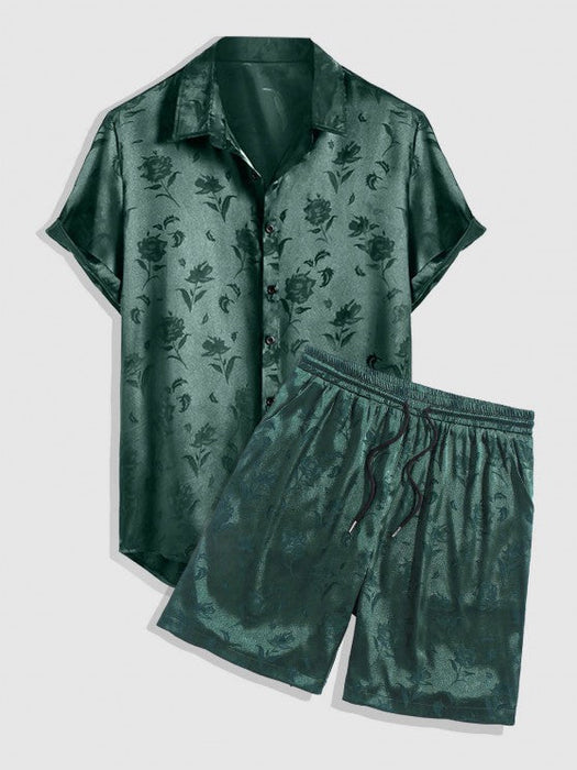 Men's Jacquard Silky Satin Floral Print Rose Pattern Button Front Short Sleeve Shirt And Shorts Set