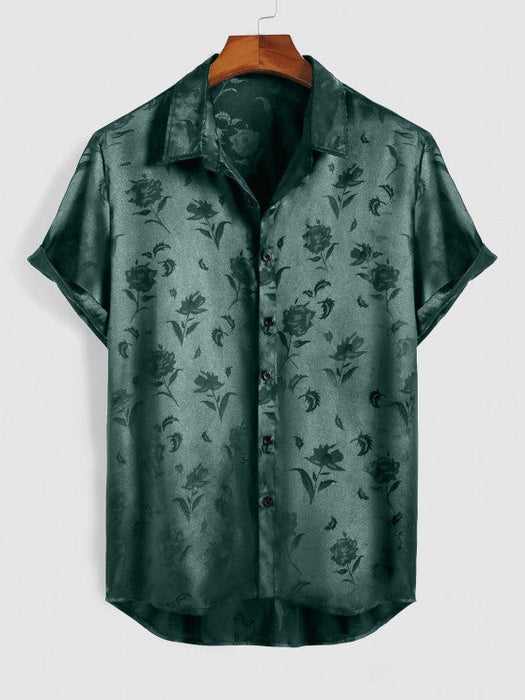 Men's Jacquard Silky Satin Floral Print Rose Pattern Button Front Short Sleeve Shirt And Shorts Set